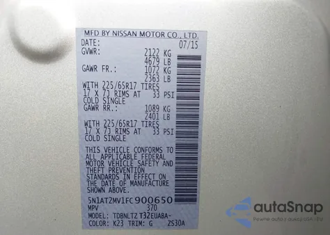 2015 Nissan Rogue Sv from USA, damaged, VIN 5N1AT2MV1FC900650